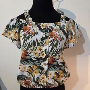 Size S Tropical Crop Top With Ruched Strap, Cap Sleeve, Beach Cruise Wear
